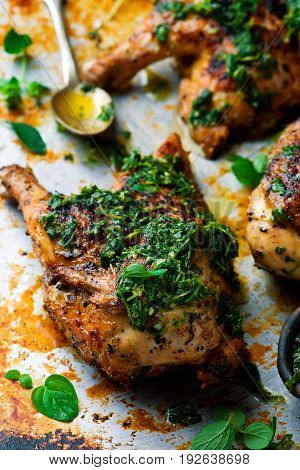 Chicken a grill with chimichury sauce..style rustic.selective focus