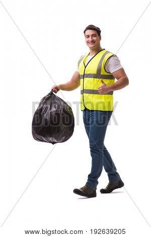 Man with garbage sack isolated on white