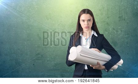 Building, Developing, Consrtuction And Architecture Concept - Beautiful Businesswoman In Suit With B