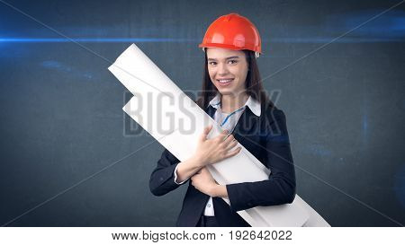 Building, Developing, Consrtuction And Architecture Concept -businesswoman In Orange Helmet With Blu