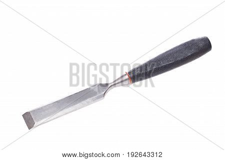 Photo of chisel with black handle close-up on white empty background