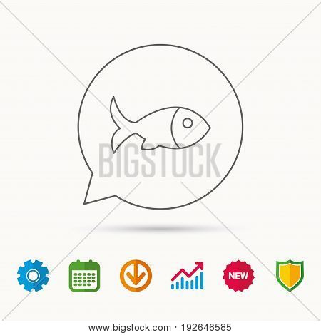 Fish with fin icon. Seafood sign. Vegetarian food symbol. Calendar, Graph chart and Cogwheel signs. Download and Shield web icons. Vector