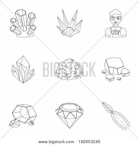 A set of jewelry, crystals, minerals and expensive metals. The jeweler inspects the ornaments.Precious minerals amd jeweler icon in set collection on outline style vector symbol stock web illustration.