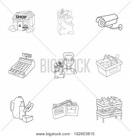 Supermarket, shopping in the store. A selection of pictures on the topic of shopping.Supermarket icon in set collection on outline style vector symbol stock web illustration.