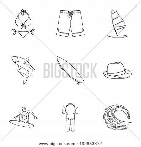 A collection of pictures on the theme of the beach, the sea, surfing. Rescuers of the beach.Surfing icon in set collection on outline style vector symbol stock web illustration.