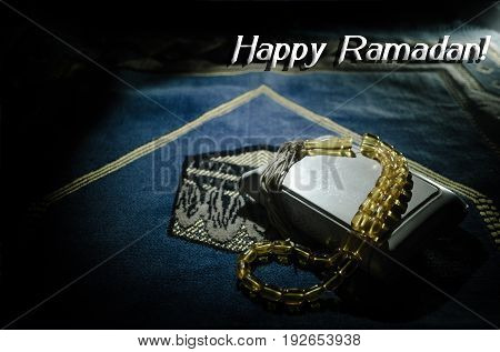 Holy Quran With Beads On A Prayer Mat, Muslim Tasbih Is A String Of Prayer Beads Which Is Traditiona