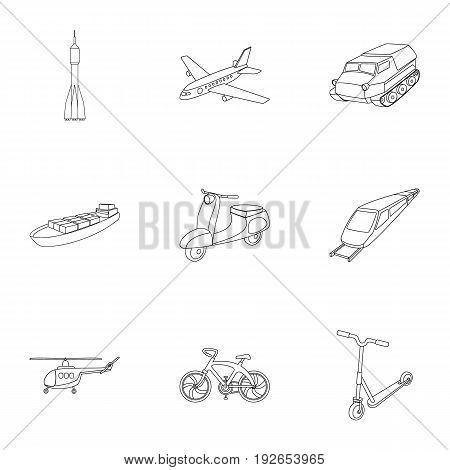 Set of pictures about types of transport. Transportation of people, cargo. Ground, underwater, air transport. Transport icon in set collection on outline style vector symbol stock web illustration.