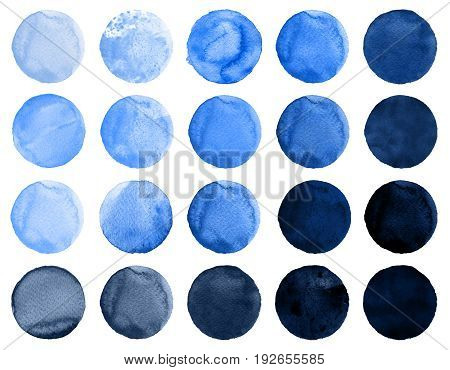 Set of watercolor circles in shades of cerulean cobalt blue ultramarine. Watercolour round elements for logo design banners posters. Royal blue circles hand drawn watercolor background