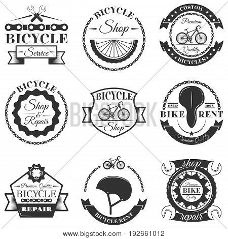 Vector set of bicycle repair shop labels and design elements in vintage black and white style. Bike logo, symbols, emblems.