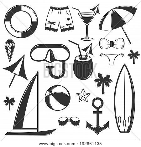 Vector set of summer season objects in vintage style. Design elements, icons isolated on white background. Summer camp, beach holidays, tropical sea vacations. - stock vector