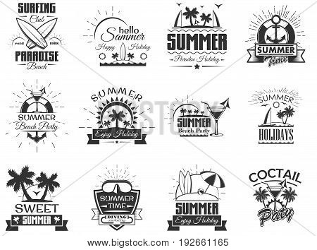 Vector set of summer season labels in vintage style. Design elements, icons, logo, emblems and badges isolated on white background. Summer camp, beach holidays, tropical sea vacations. - stock vector