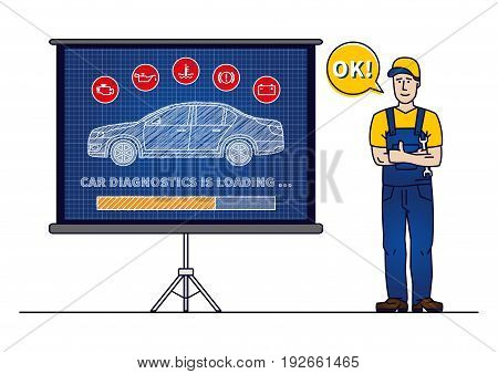 Car diagnostics loading bar with serviceman vector illustration. Car technical maintenance concept with warning signs: check engine oil pressure generator coolant level brake system.