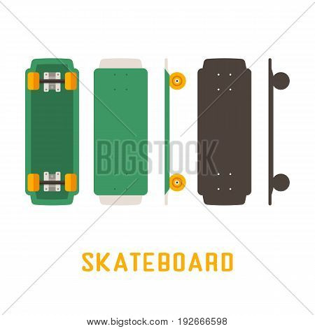 Green shortboard skateboard bottom, top and side view. Vector skateboarding deck in flat and outline design.