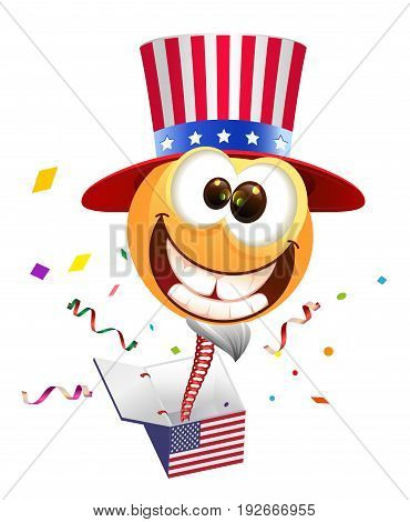 July Fourth Independence Day. Smile Uncle Sam jumps out of box. Isolated on white vector cartoon illustration