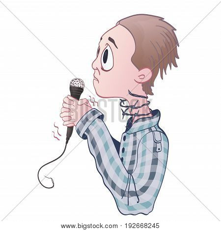 Fear of public speaking, glossophobia. Excitement and loss of voice. Young man with microphone and barbed wire on neck. Vector illustration, isolated on white background.