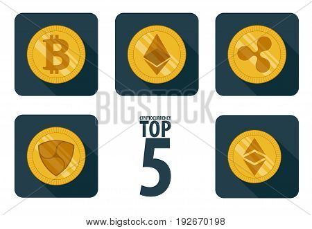 set of 5 basic cryptocurrency icon flat