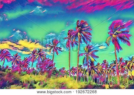 Fantastic tropical landscape with palm tree. Sunny day on exotic island. Coco palm forest banner template with text place. Palm tree leaf rainbow digital illustration. Tropic scene with coconut palm