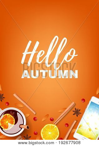 Orange beautiful poster hello autumn. Top view on composition with cinnamon sticks, cup of mulled wine, rowan on orange background. Vector illustration.