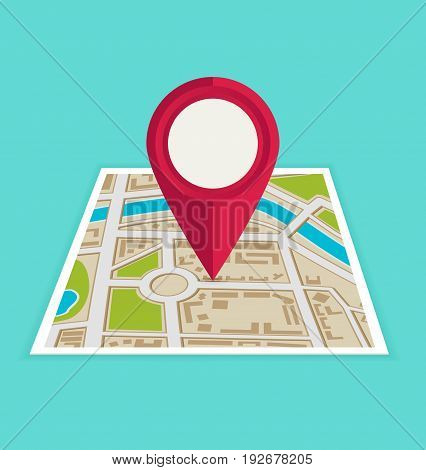 Flat map with pin. Vector map pointer icon