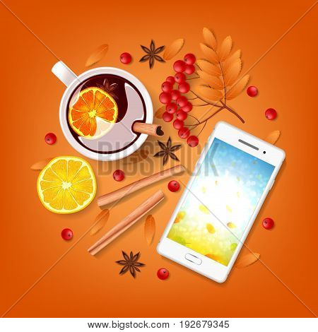 Autumn orange beautiful background. Top view on composition with cinnamon sticks, cup of mulled wine, rowan on orange backdrop. Vector illustration.