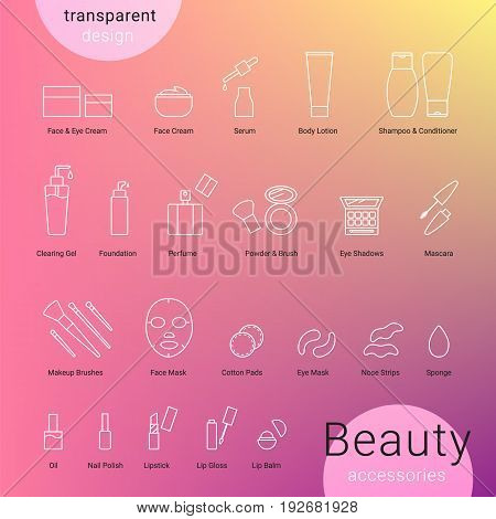 Beauty accessories icons set and makeup symbols. Gradient background with transparent beauty and skin care icons such as shampoo, acid, cream, bruch, powder, perfume, lipstick, balm, face mask