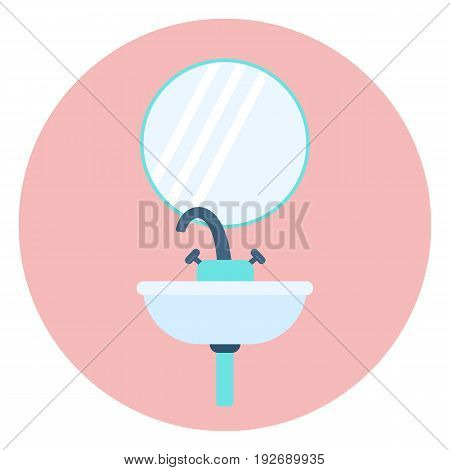 Flat blue bath sink with tap and mirror, handbasin with basin tap. Isolated vector bathroom equipment