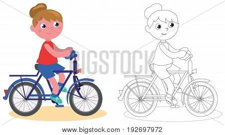 Young cartoon riding a bike coloring vector illustration