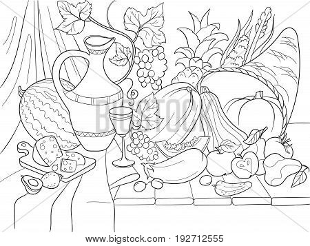 Vegetables and fruits harvest style vector illustration. Thanksgiving Day still life. Old engraving imitation. Coloring book black lines on a white background