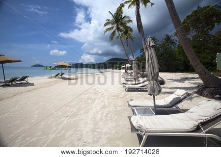 PHU QUOC, VIETNAM - March 21, 2017: Sao beach: a tropical beach with palm trees and blue sky on the island of Phu Quoc, Vietnam
