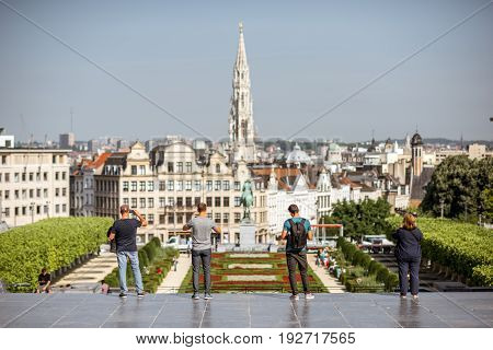BRUSSELS, BELGIUM - June 01, 2017: Tourists look on the Arts mountain square with great view on the old town of Brussels