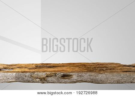 window light and shadow interior white room, wood shelf studio gray background