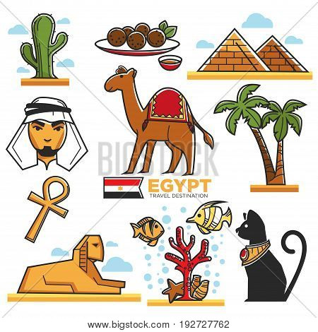 Egypt traditional symbols map for travellers vector poster in flat design. Tourist attraction as ancient pyramids in deserts, travelling camels, green cactuses and palms, national clothes and other