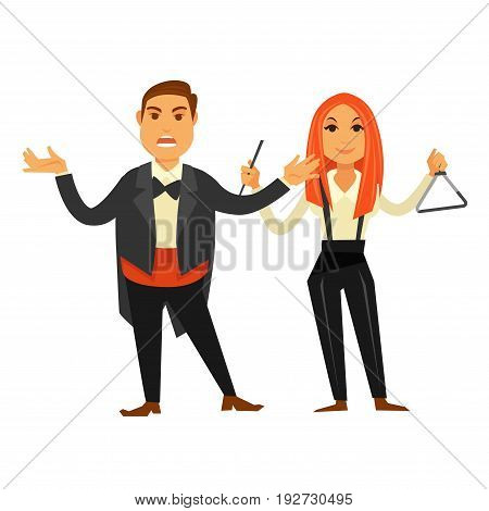 Opera singer in tuxedo with bow tie performs song, and redhead woman in black trousers with suspenders and blouse plays on musical triangle isolated cartoon vector illustration on white background.