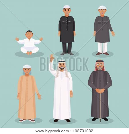 Arabic men generations from kid to old person in traditional ethnic clothing for all ages and social statuses isolated vector illustrations set.