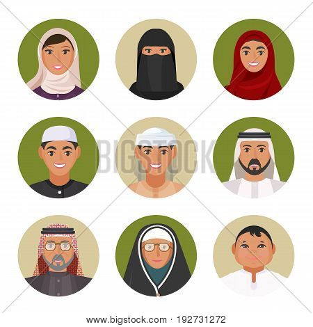 Arabic men and women of all ages in traditional clothing portraits in circles isolated vector illustrations set on white background.