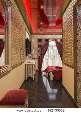 3d illustration, interior design of a hotel room in a traditional Islamic style. Beautiful deluxe room Ramdan Kareem background interior view decorated with Islamic motifs.