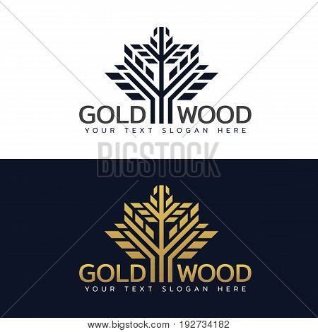 Gold Wood tree logo with line and shape vector art design