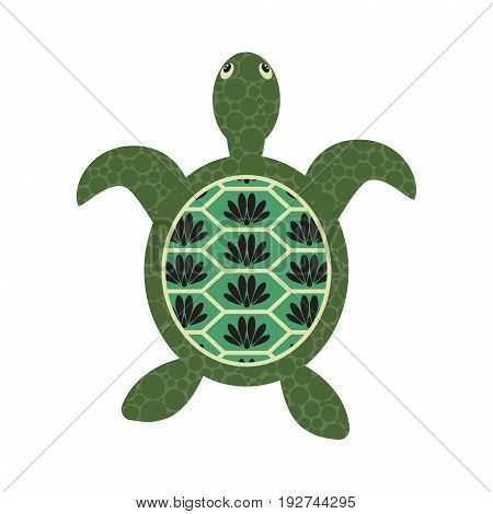 Turtle cartoon vector with decorated floral tortoiseshell. Green color tones isolated on white.
