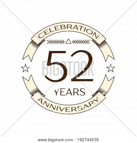 Realistic fifty two years anniversary celebration logo with ring and ribbon on white background. Vector template for your design