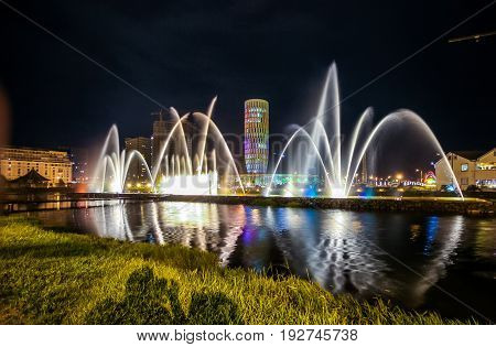 BATUMI GEORGIA-JULY 7 2015 Dancing Fountains on Ardagani Lake. Light and musical fountains installed back in 2009