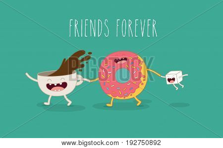 Cartoon comic coffee cup and donut. Take coffee and donut with you. Vector cartoon illustration. Coffee to go.