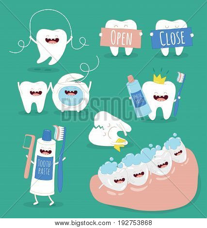 Cute tooth and dental floss flat vector design.