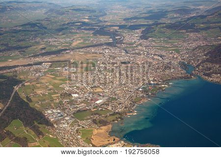 Thun Thunersee Thuner See Lake Panorama Panoramic Overview Switzerland Town Aerial View Photography