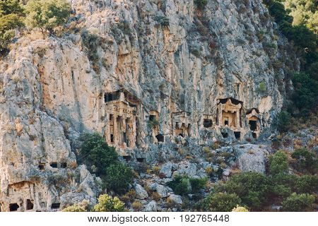Famous Lycian Tombs of ancient Caunos city, Dalyan, Turkey.