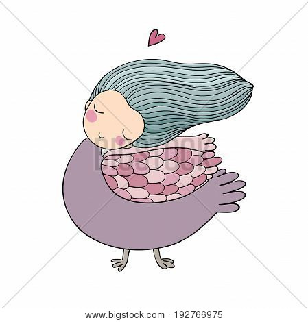 Girl Sirin. Mythological bird. Russian folklore. Isolated objects on white background. Vector illustration.