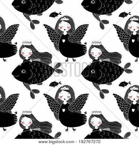 Pattern with girl Sirin and mermaid. Mythological bird. Russian folklore. Vector illustration.