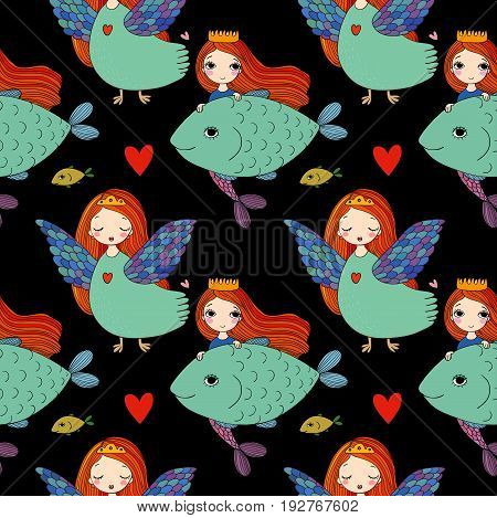 Pattern with girl Sirin and mermaid. Mythological bird. Russian folklore. Vector illustration.
