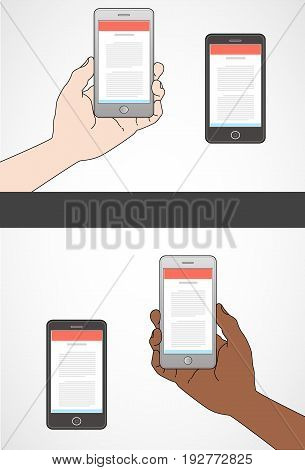 Smartphone in hand in top view in two diiferent styles