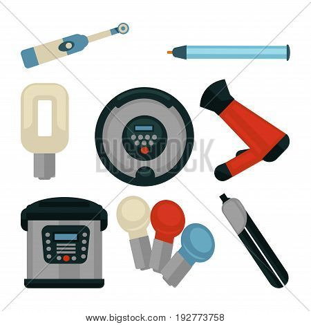 Electrical appliances isolated vector illustrations. Hairdryer with attachment, rotating toothbrush, cigarette lighter, small illuminators, hair straightener, kitchen steamer and round waffle-iron.
