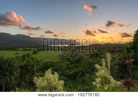 View over Hanalei bay and Na Pali range at sunset near Hanalei, Kauai, Hawaii
